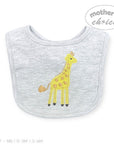 Gray baby bib with yellow giraffe design on a white background, featuring 'Mother's Choice' branding.
