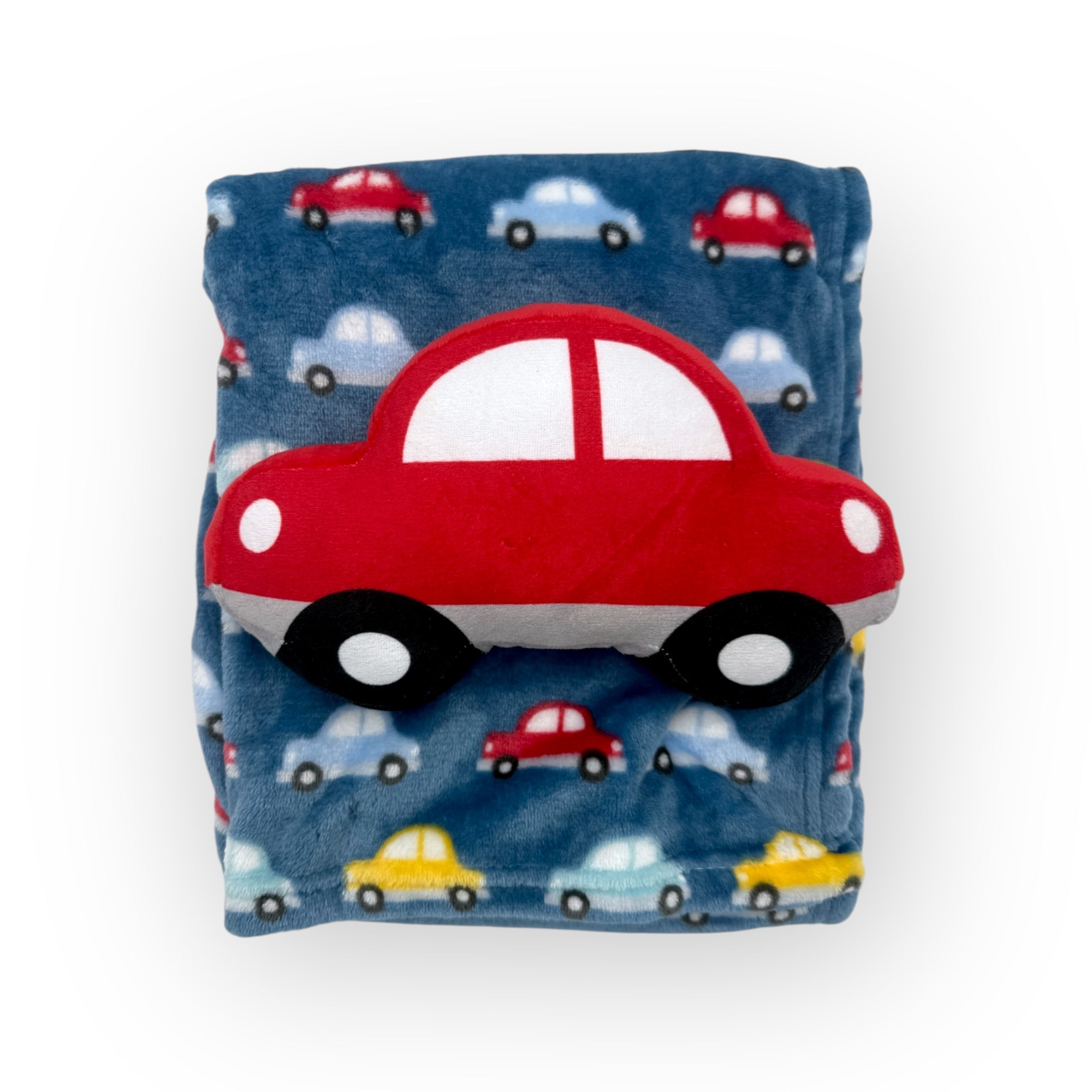 Children's blanket with car pattern on a blue background