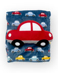 Children's blanket with car pattern on a blue background