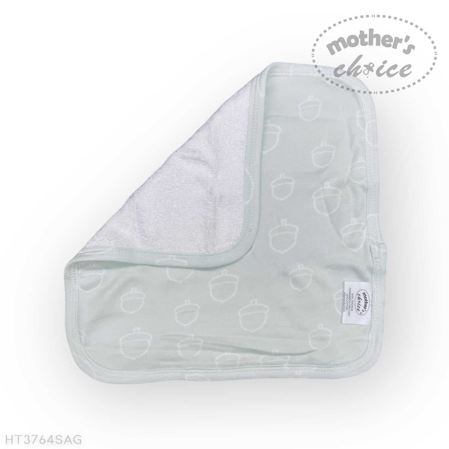 Gray baby bib with white patterns on a white background, featuring 'mother's choice' branding.