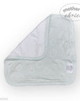 Gray baby bib with white patterns on a white background, featuring 'mother's choice' branding.