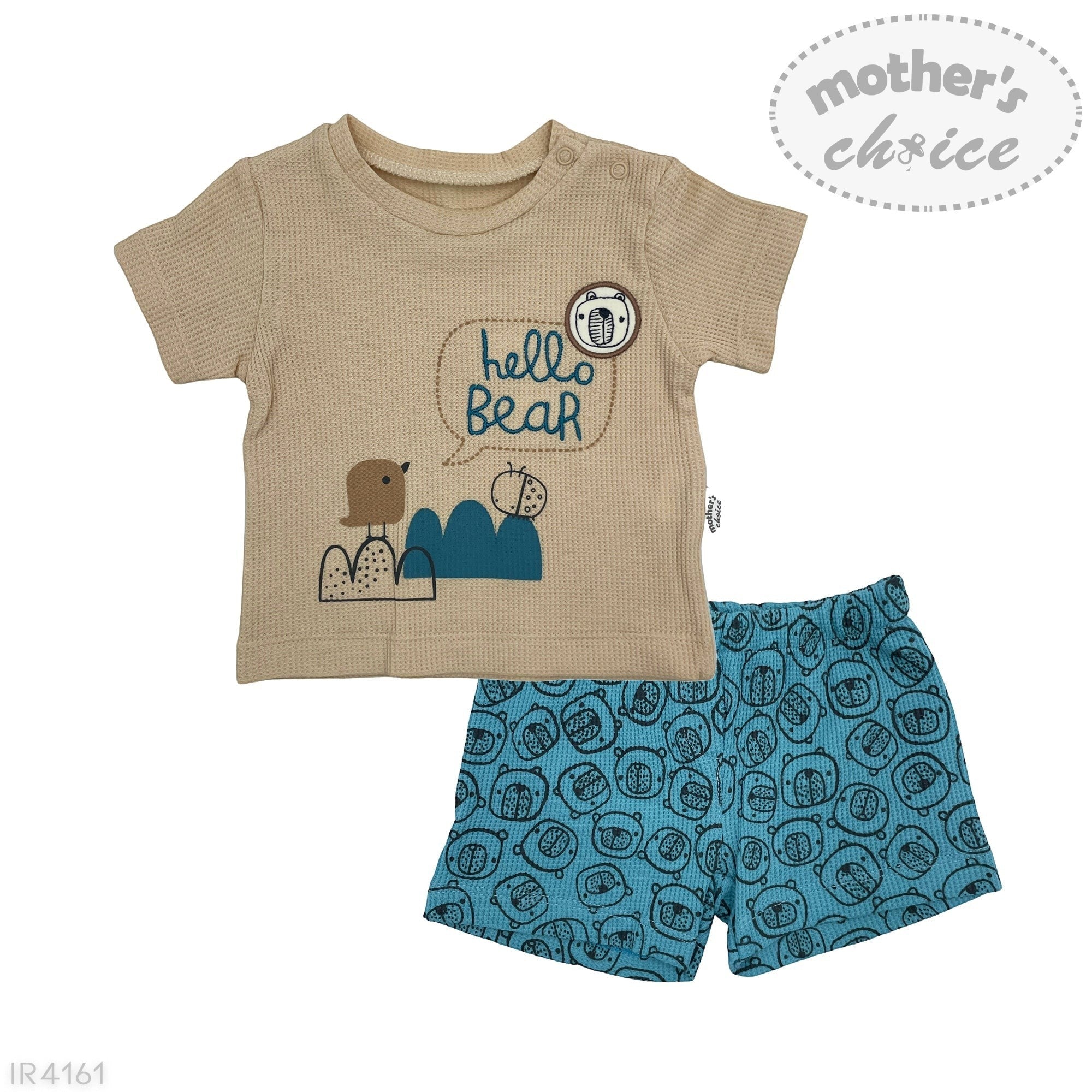 Children's outfit with beige shirt and blue shorts featuring a bear design on a white background.
