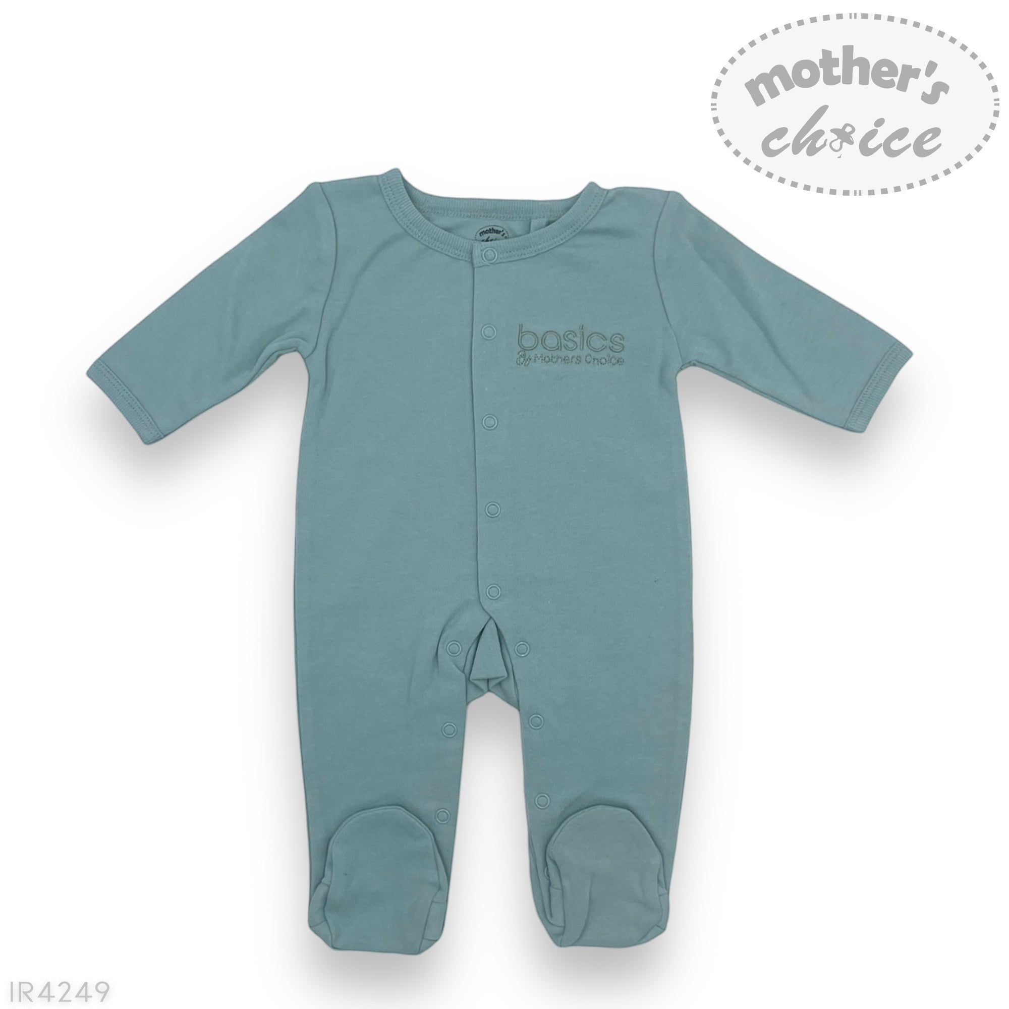 Teal baby onesie with 'basics' and 'mother's choice' branding on a white background