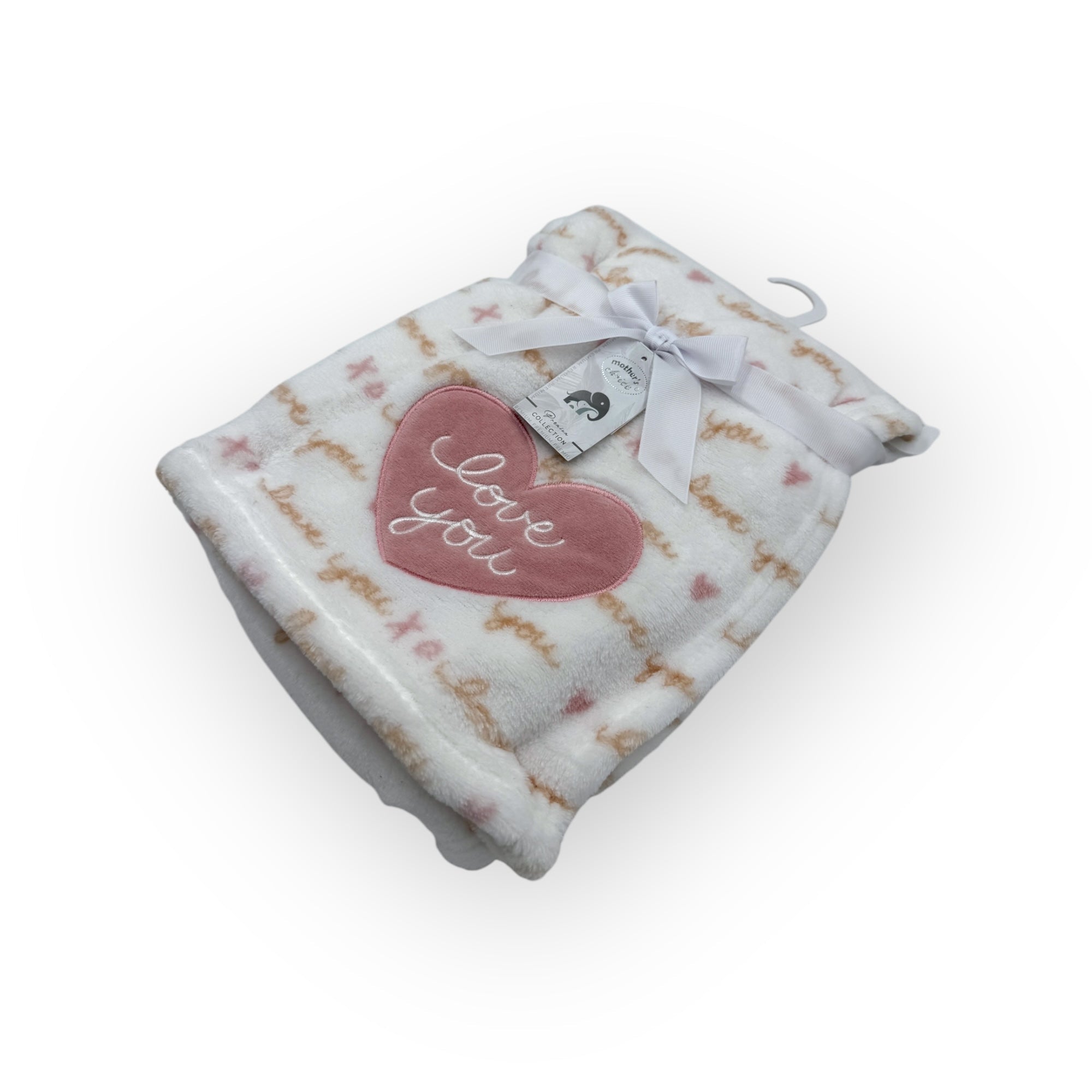 Baby blanket with 'love you' heart tag on a white background