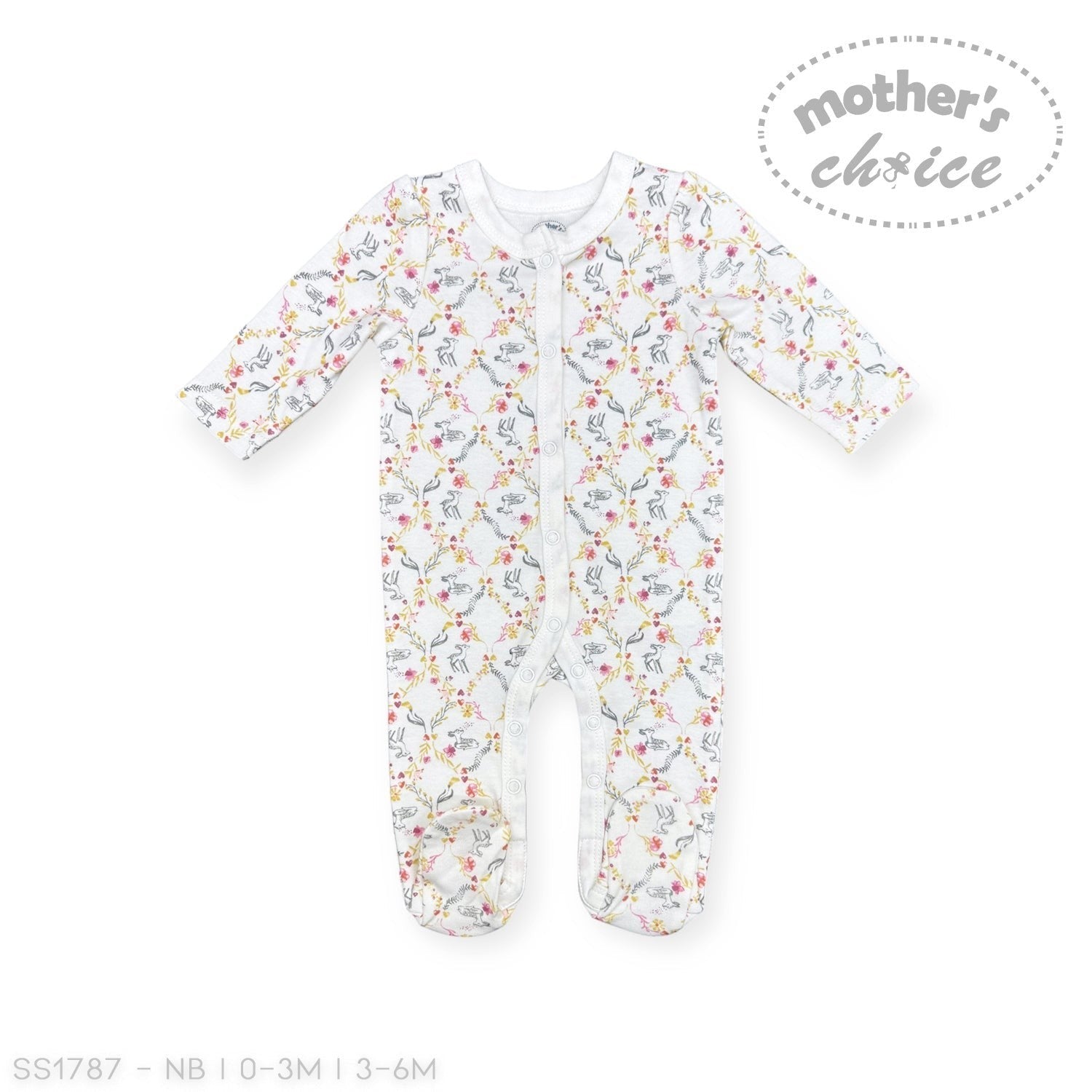 Baby onesie with floral pattern on a white background, featuring 'Mother's Choice' branding.