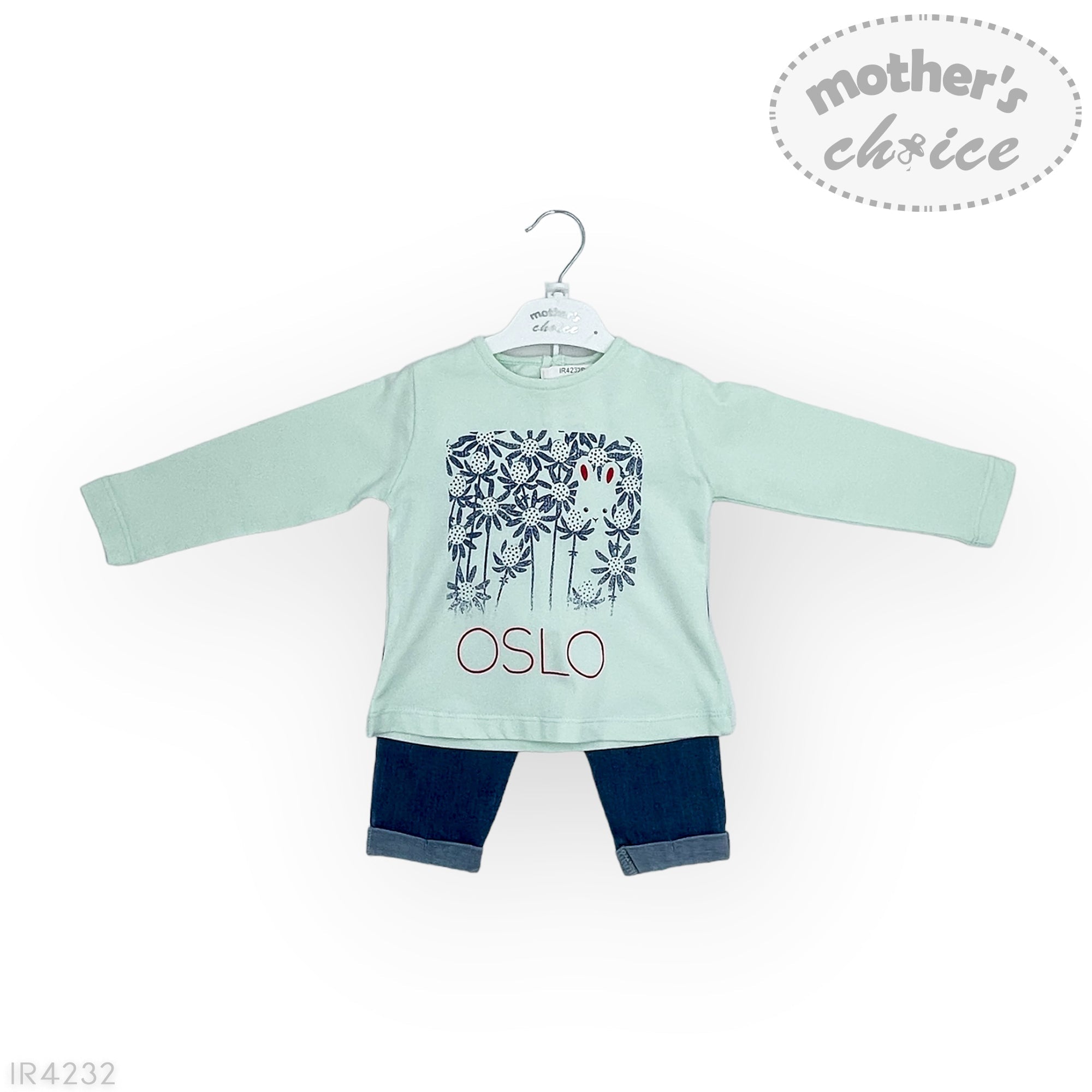 Children's outfit with a light green long-sleeve shirt and dark blue pants on a white background, featuring 'mother's choice' branding.
