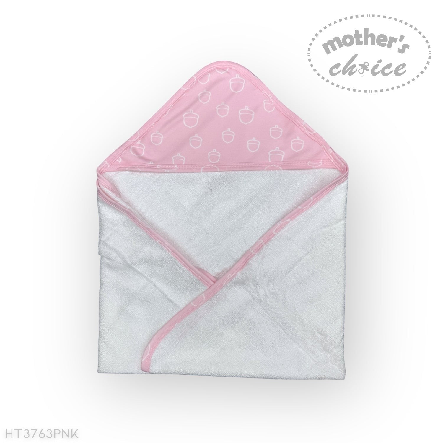 Baby towel with pink hood and white body on a light gray background, branded 'Mother's Choice'.