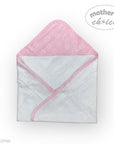 Baby towel with pink hood and white body on a light gray background, branded 'Mother's Choice'.