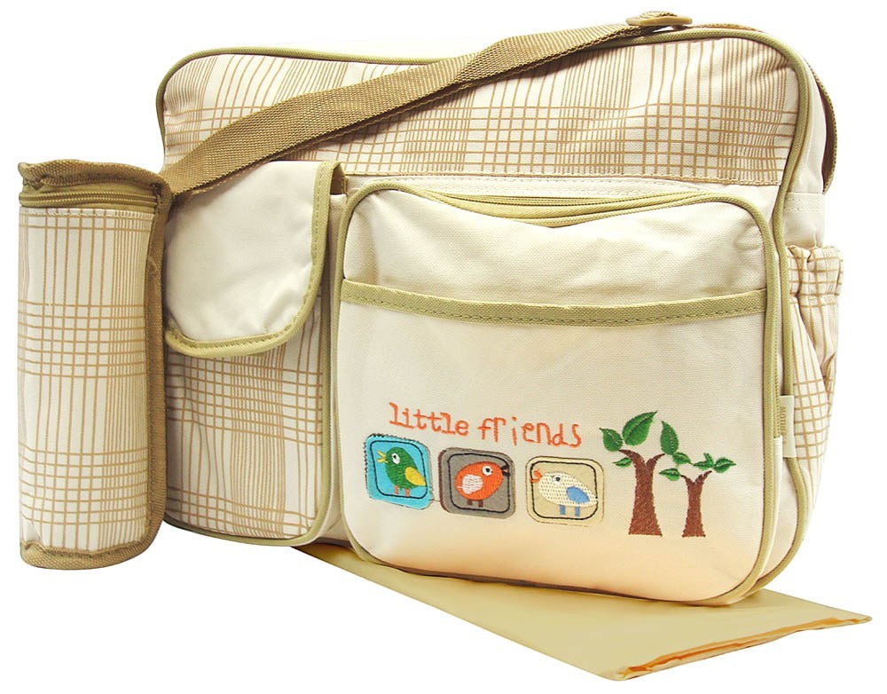 Beige diaper bag with 'Little Friends' design on a white background