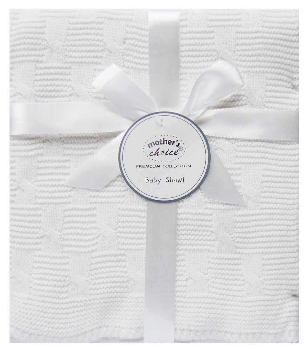 White baby shawl with a bow and 'Mother's Choice' label on a white background