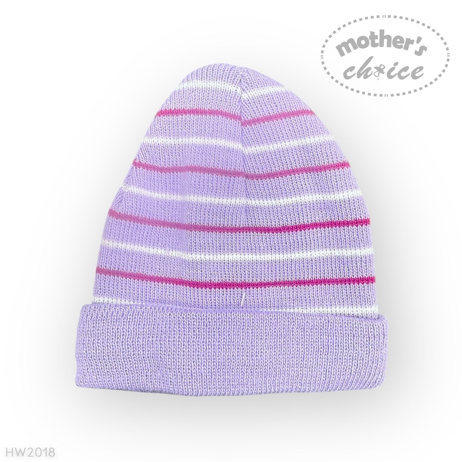 Purple striped baby hat on a white background with 'Mother's Choice' branding.