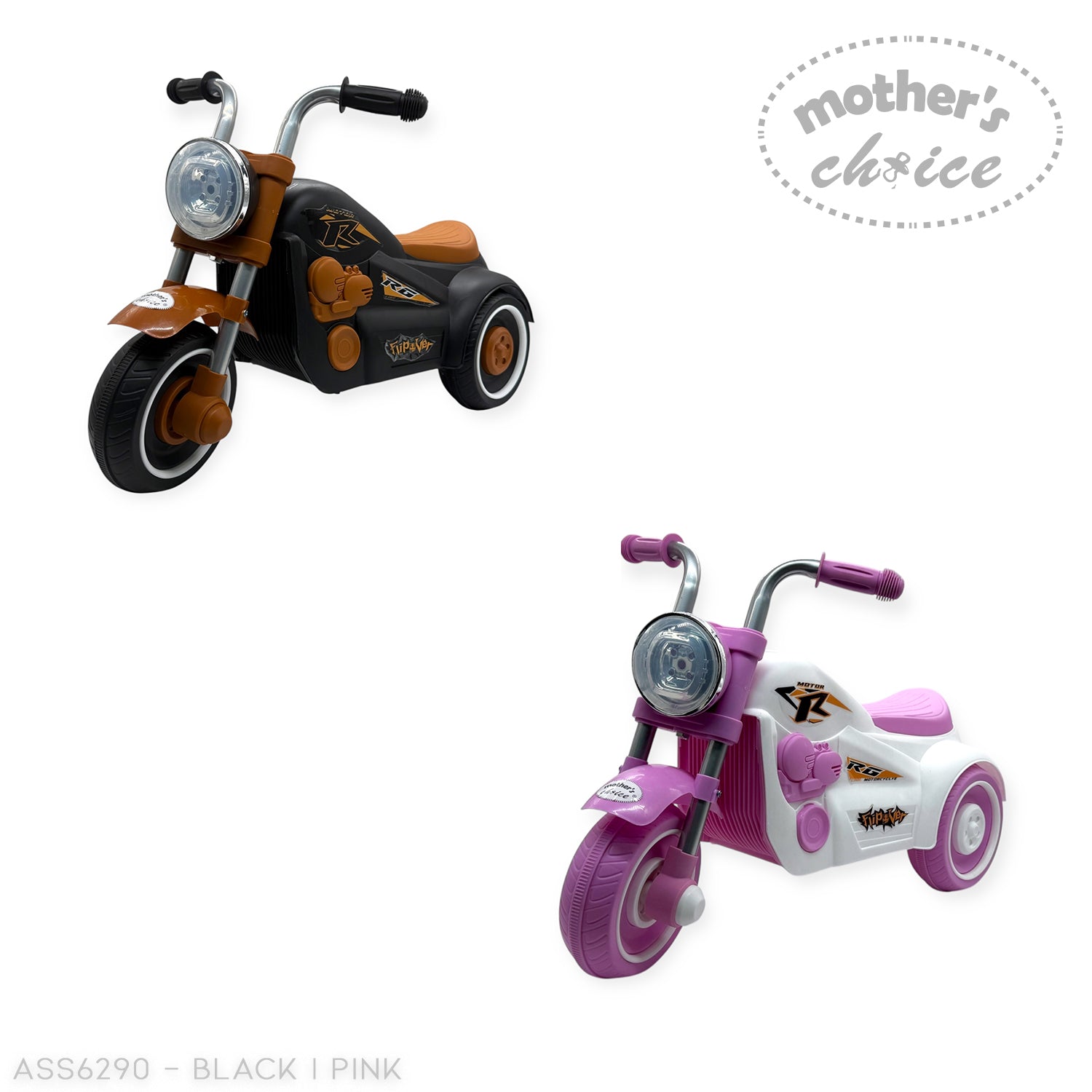 Black and pink toy tricycles with 'Mother's Choice' label on a white background