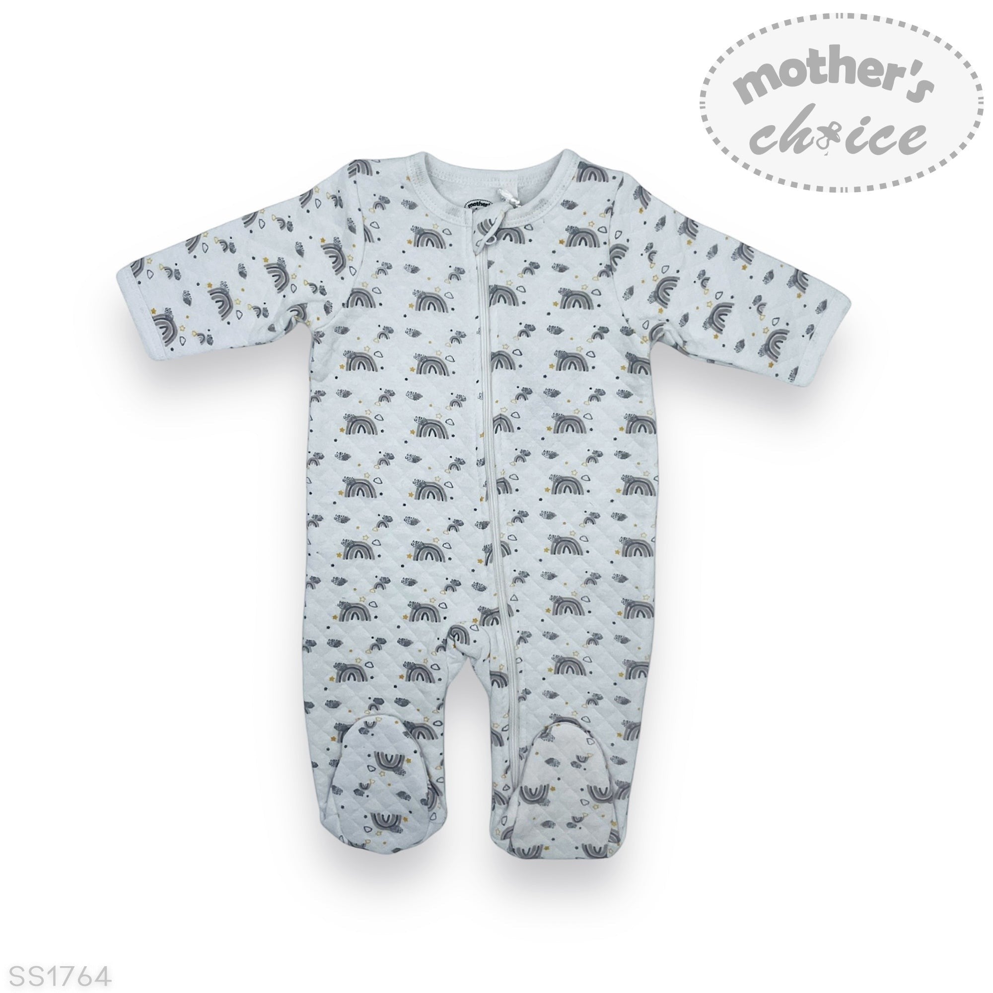 Baby onesie with animal pattern on a white background, featuring 'Mother's Choice' branding.