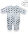 Baby onesie with animal pattern on a white background, featuring 'Mother's Choice' branding.