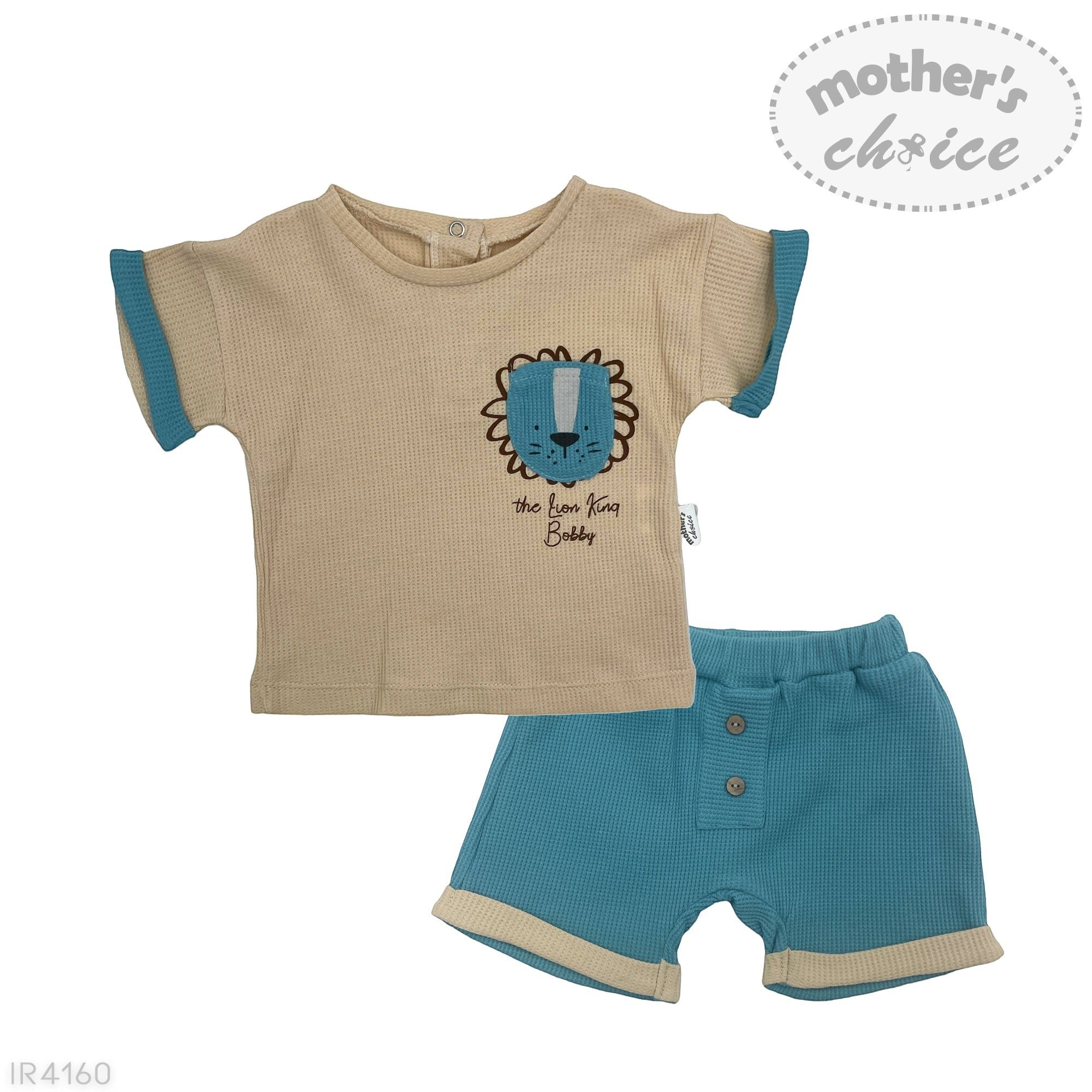 Children's outfit with beige shirt and blue shorts featuring a lion design on a white background.