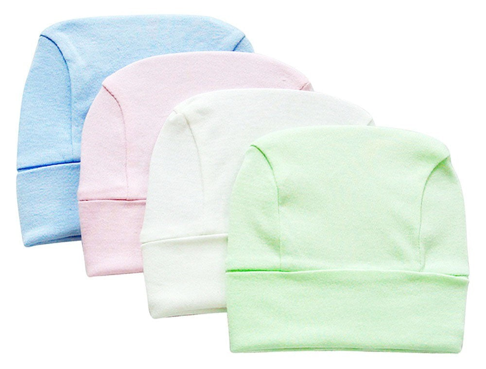 Four baby hats in blue, pink, white, and green on a white background