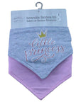 Reversible bandana bib with 'little princess' text and crown design on packaging