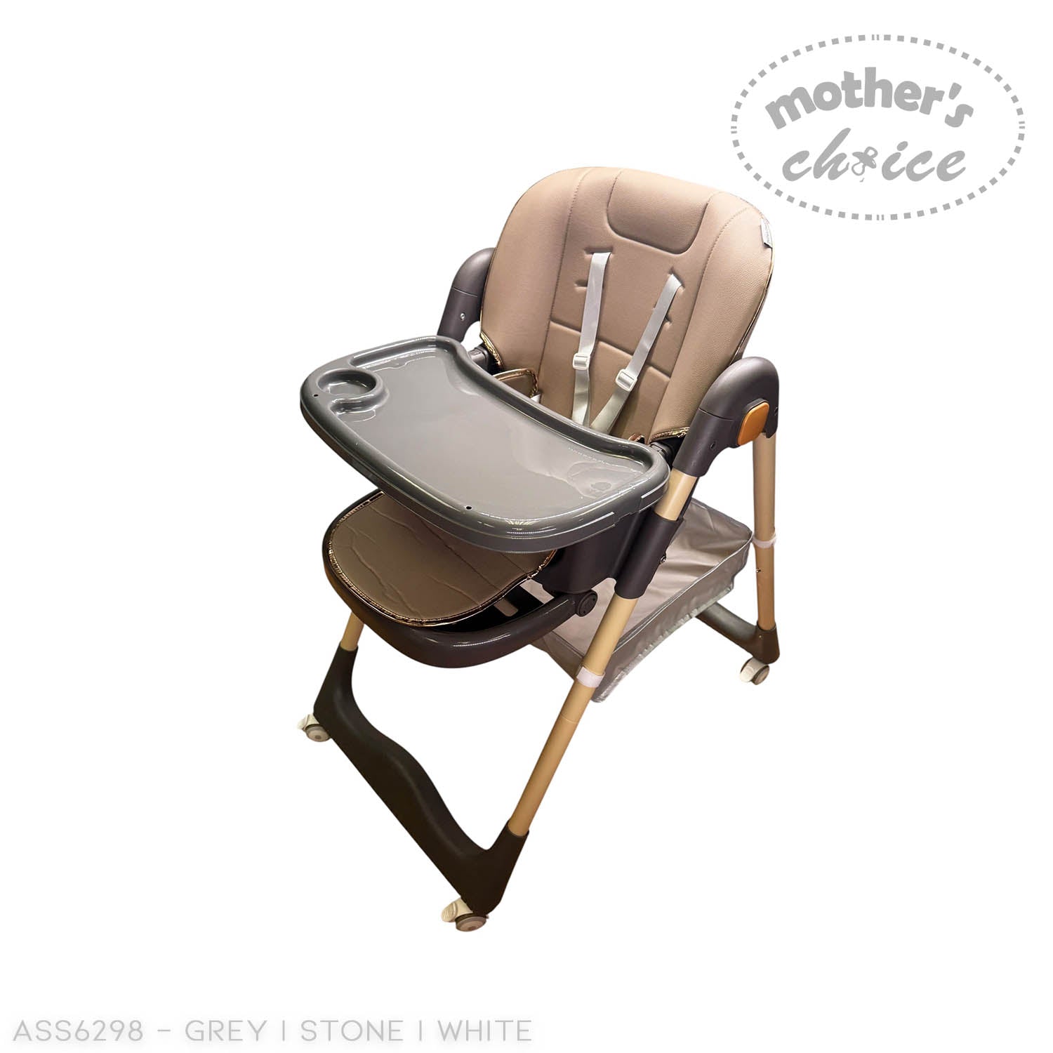 Beige and gray high chair with tray on a white background, branded 'Mother's Choice'.