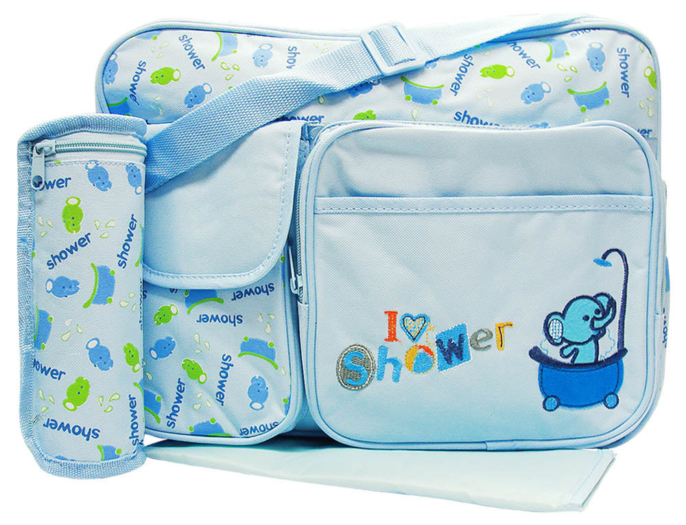 Blue diaper bag with 'I love shower' text and elephant design on a white background