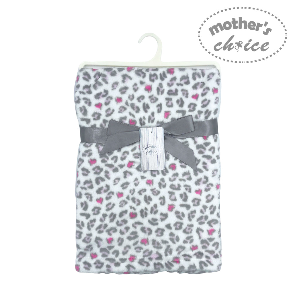 Baby blanket with gray leopard print and pink hearts on a hanger, branded 'Mother's Choice'.