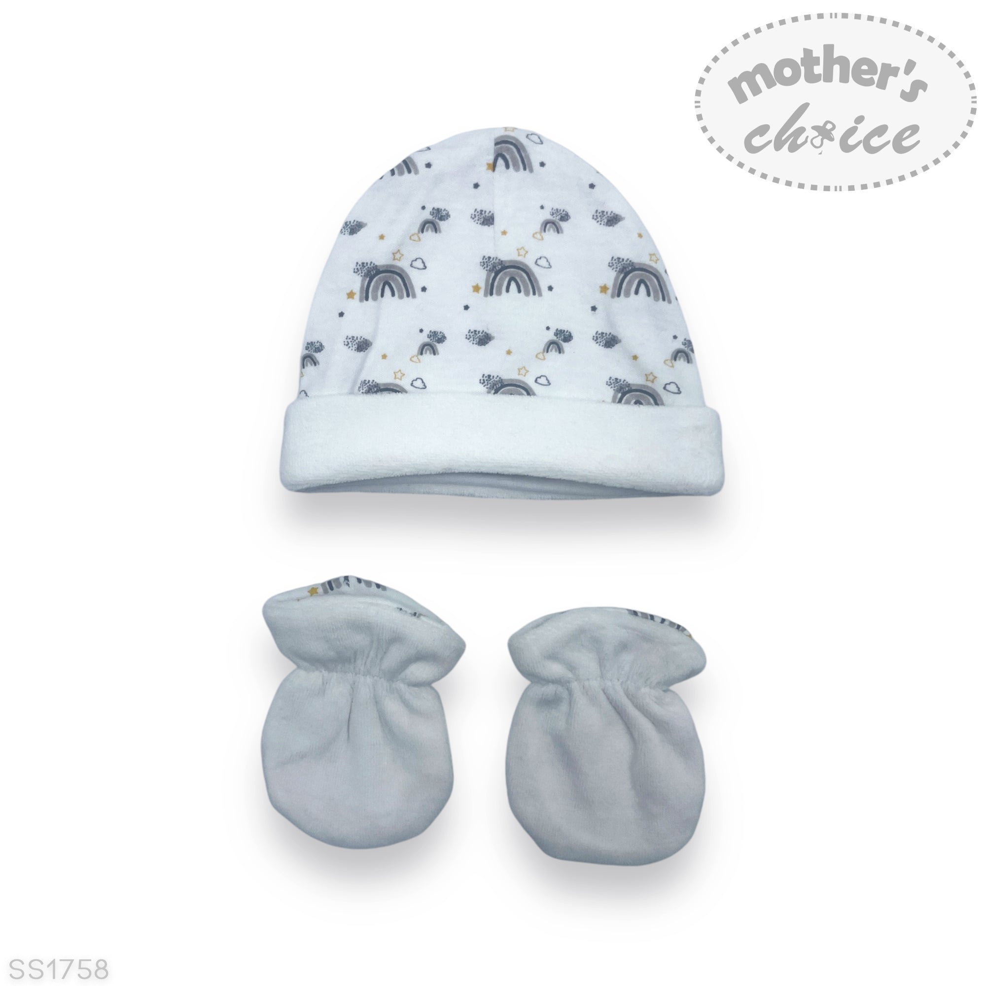 Baby hat and mittens set with rainbow pattern on a white background, featuring 'Mother's Choice' branding.