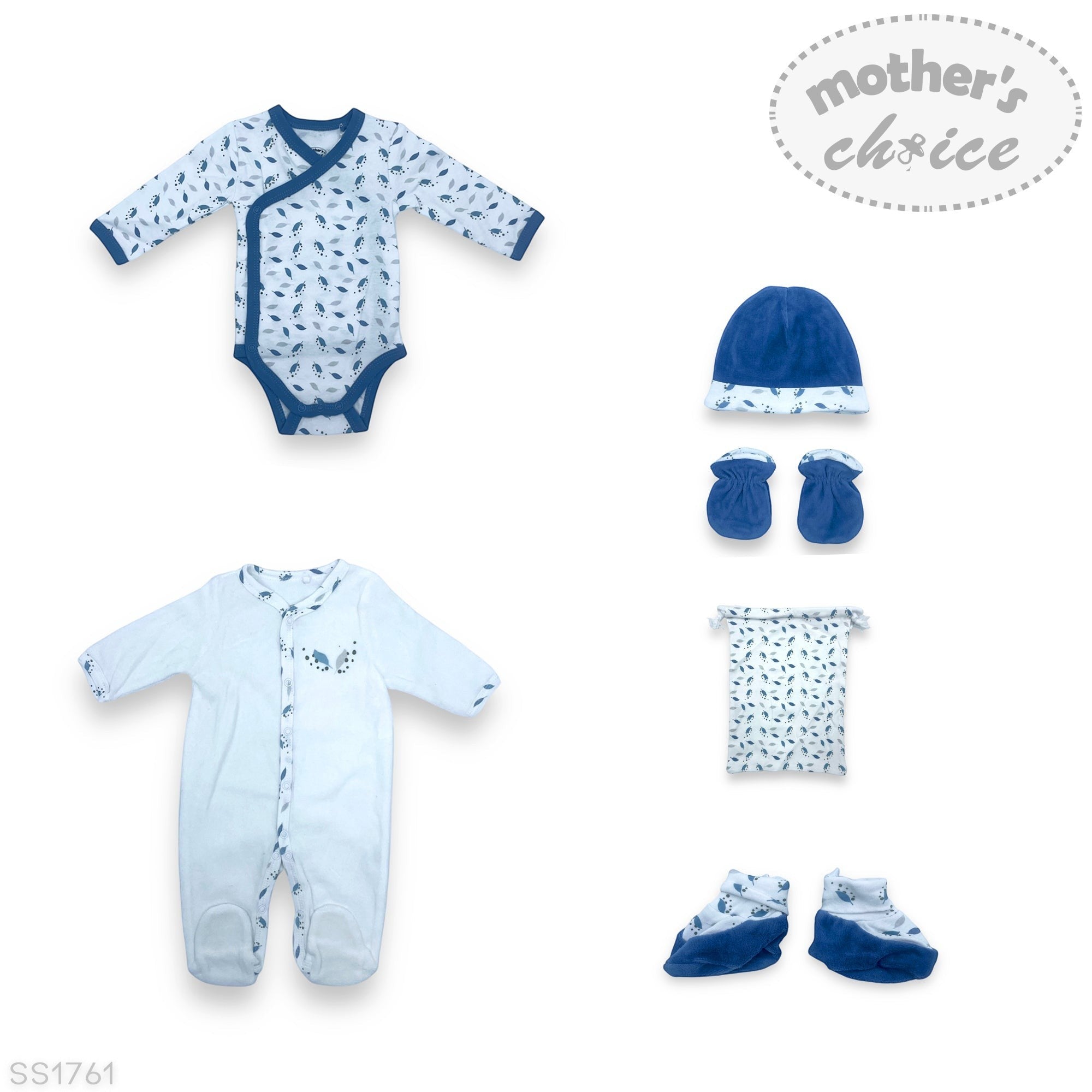 Baby clothing set with onesie, hat, booties, and blanket on a white background with 'mother's choice' branding.