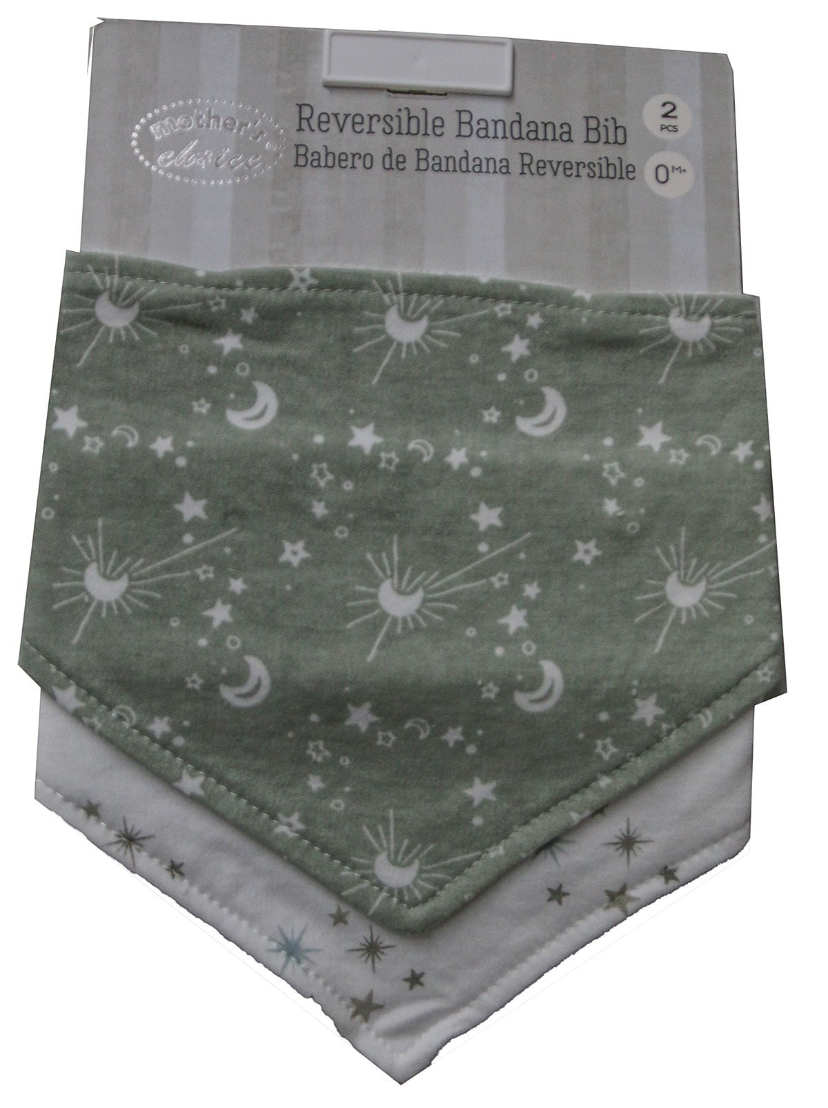Reversible bandana bib with celestial pattern packaging on a white background