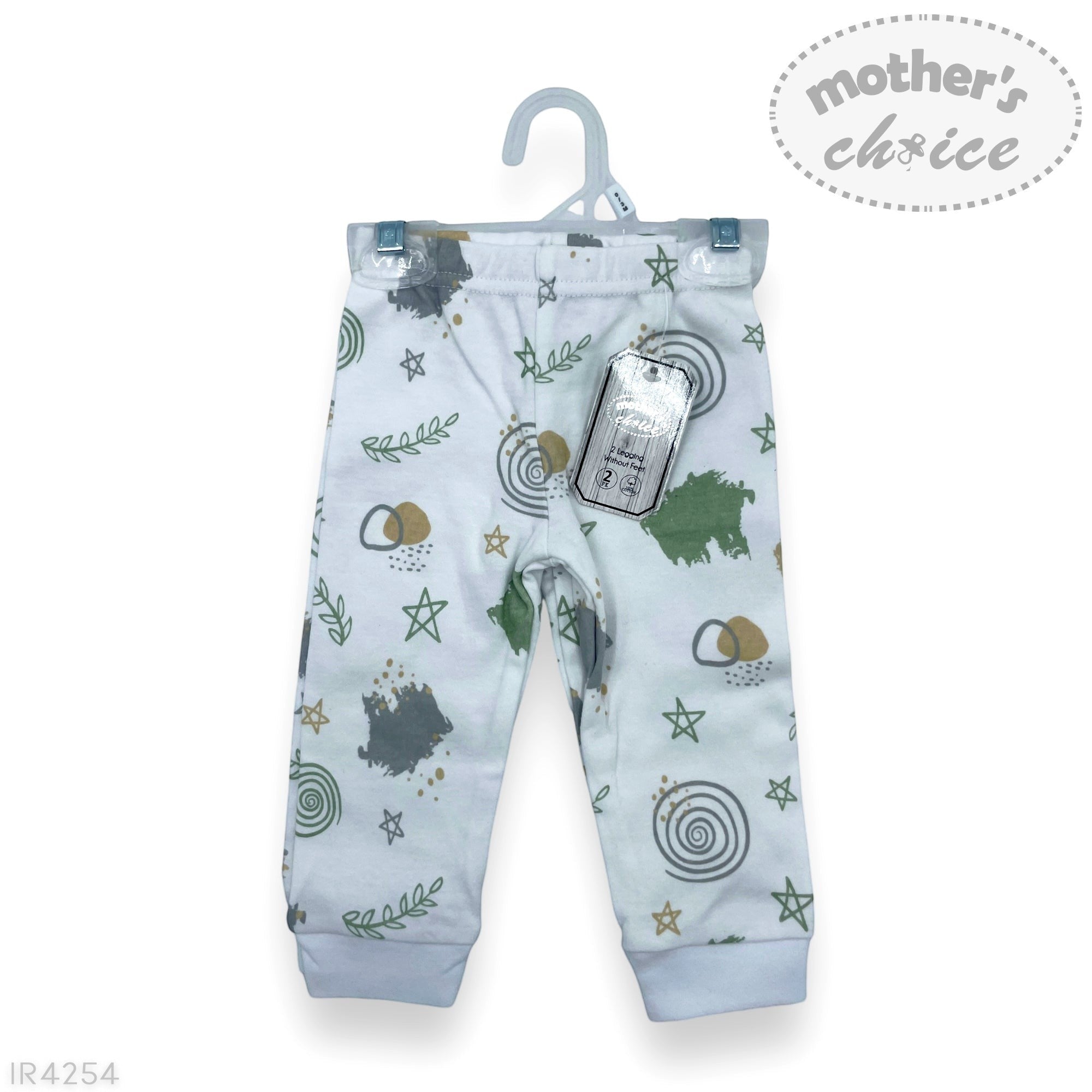 Baby pants with nature-themed print on a hanger, featuring 'Mother's Choice' brand.