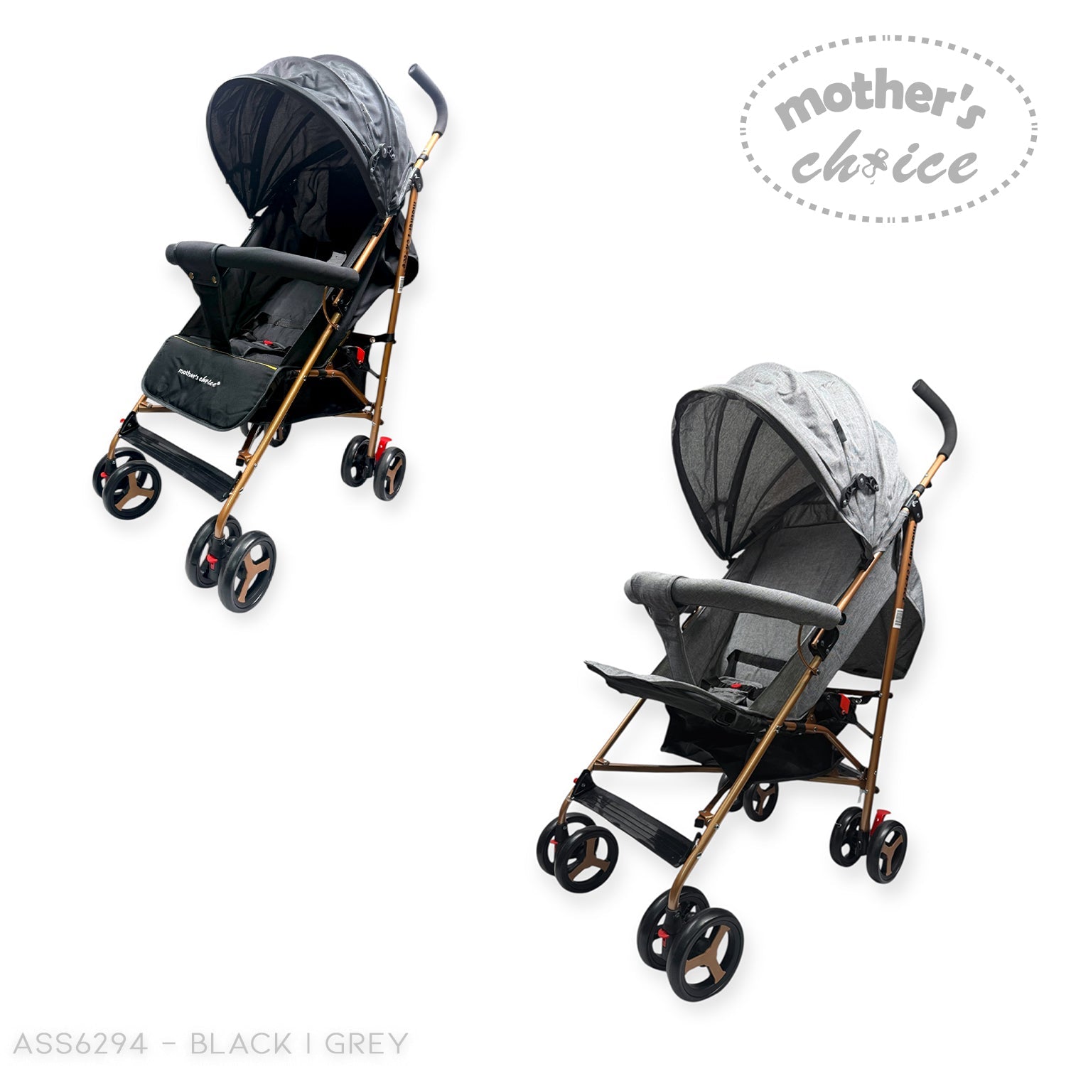 Two baby strollers, one black and one gray, with 'Mother's Choice' branding on a white background.