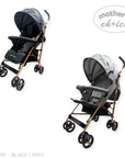 Two baby strollers, one black and one gray, with 'Mother's Choice' branding on a white background.