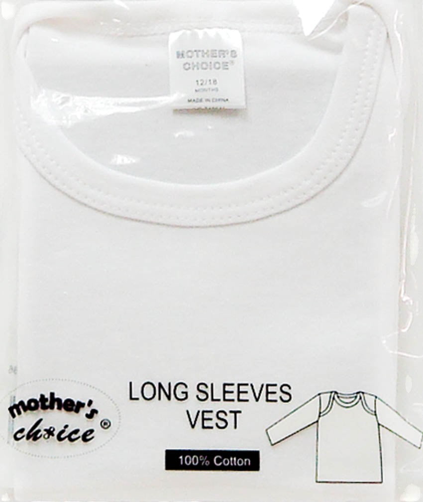 White long-sleeve vest with 'Mother's Choice' branding and text on packaging.