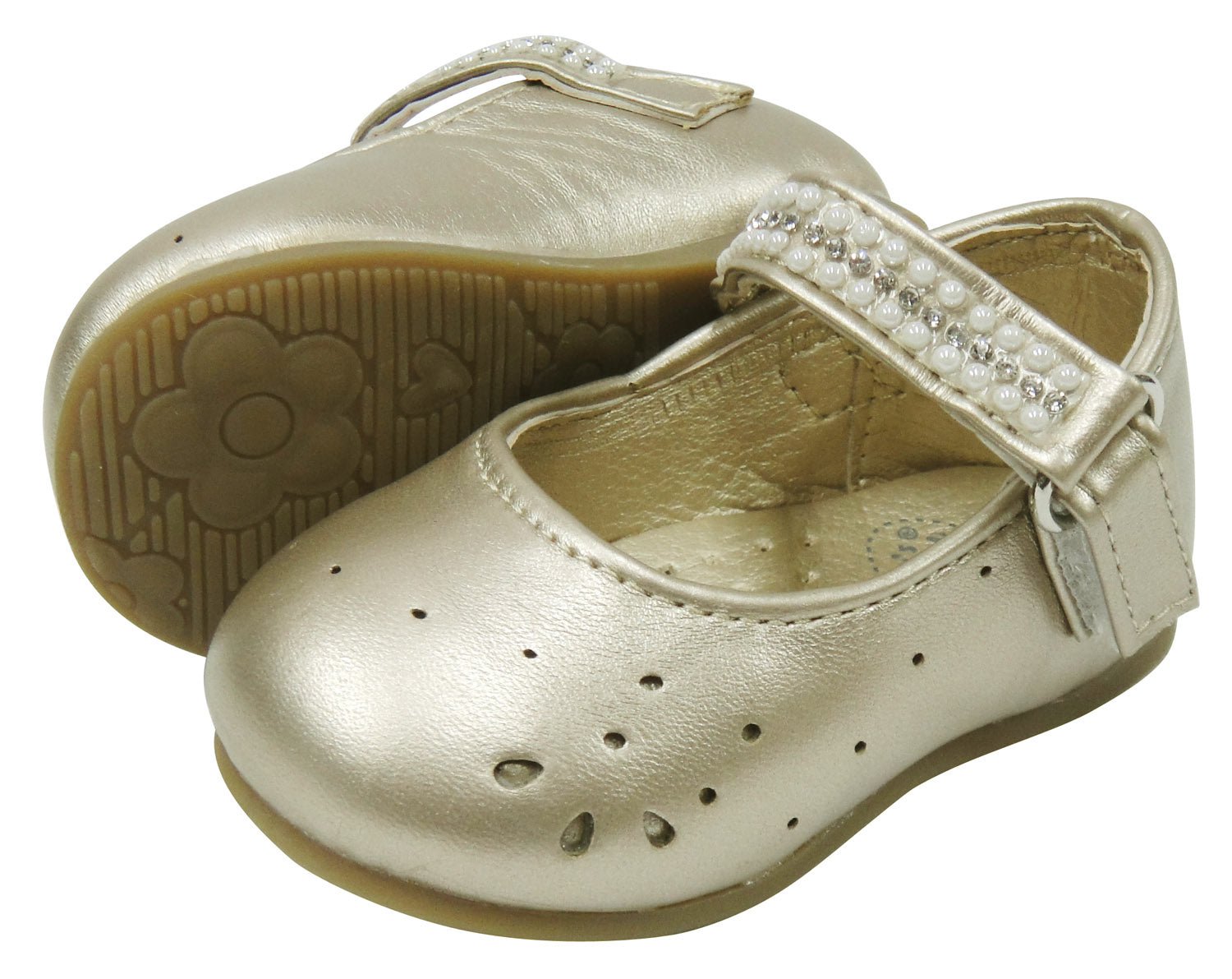 Gold baby shoes with a strap on a white background