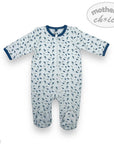 Baby onesie with blue pattern on a white background, featuring 'mother's choice' branding.