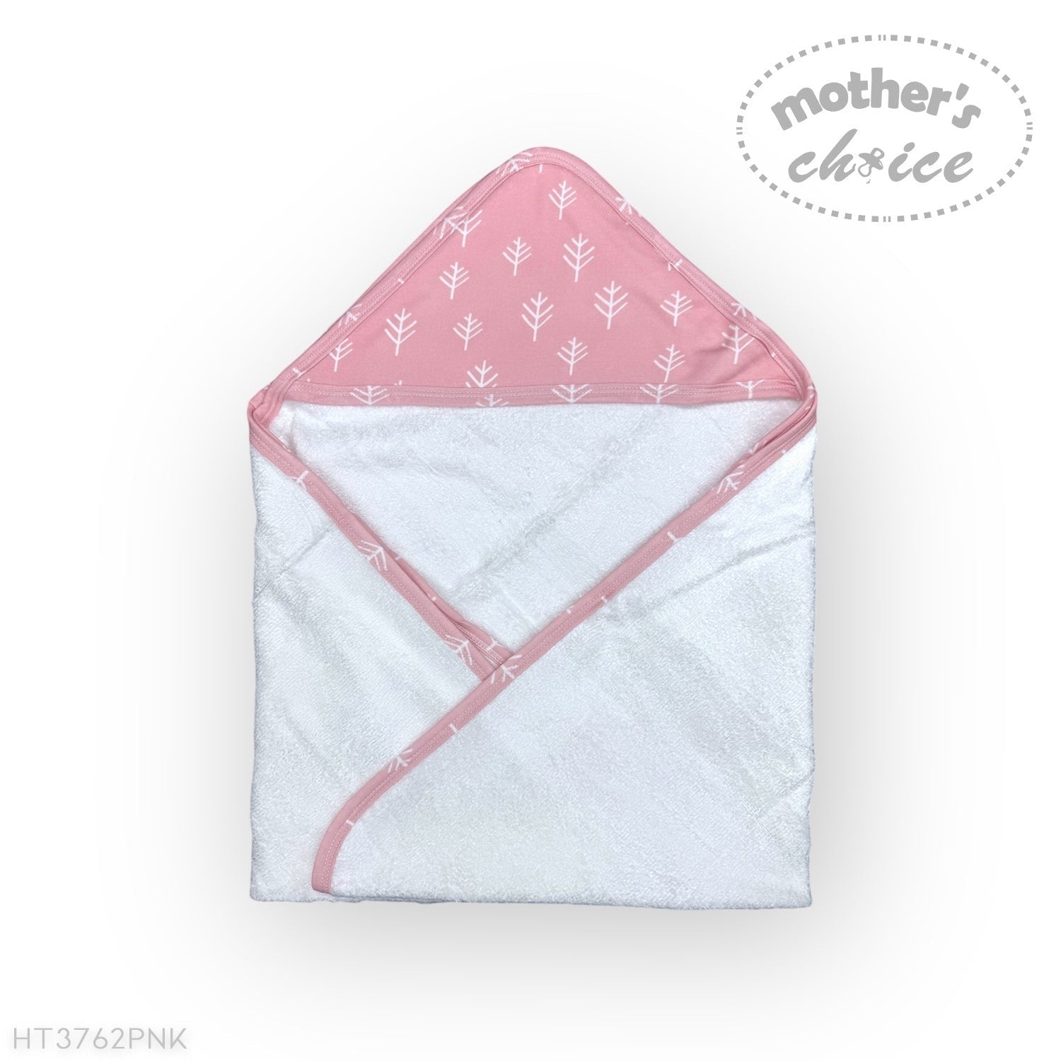 Folded baby blanket with pink and white pattern on a white background, branded 'Mother's Choice'.