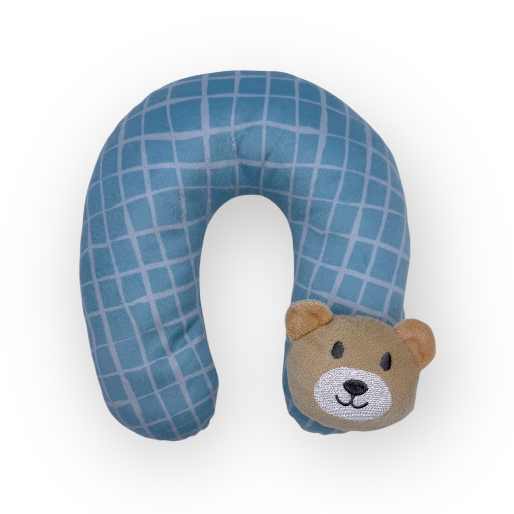 Blue checkered neck pillow with a bear face on a white background