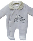 Gray baby onesie with bicycle design and checkered collar on a white background