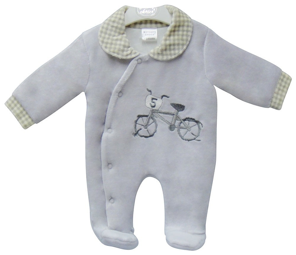 Gray baby onesie with bicycle design and checkered collar on a white background