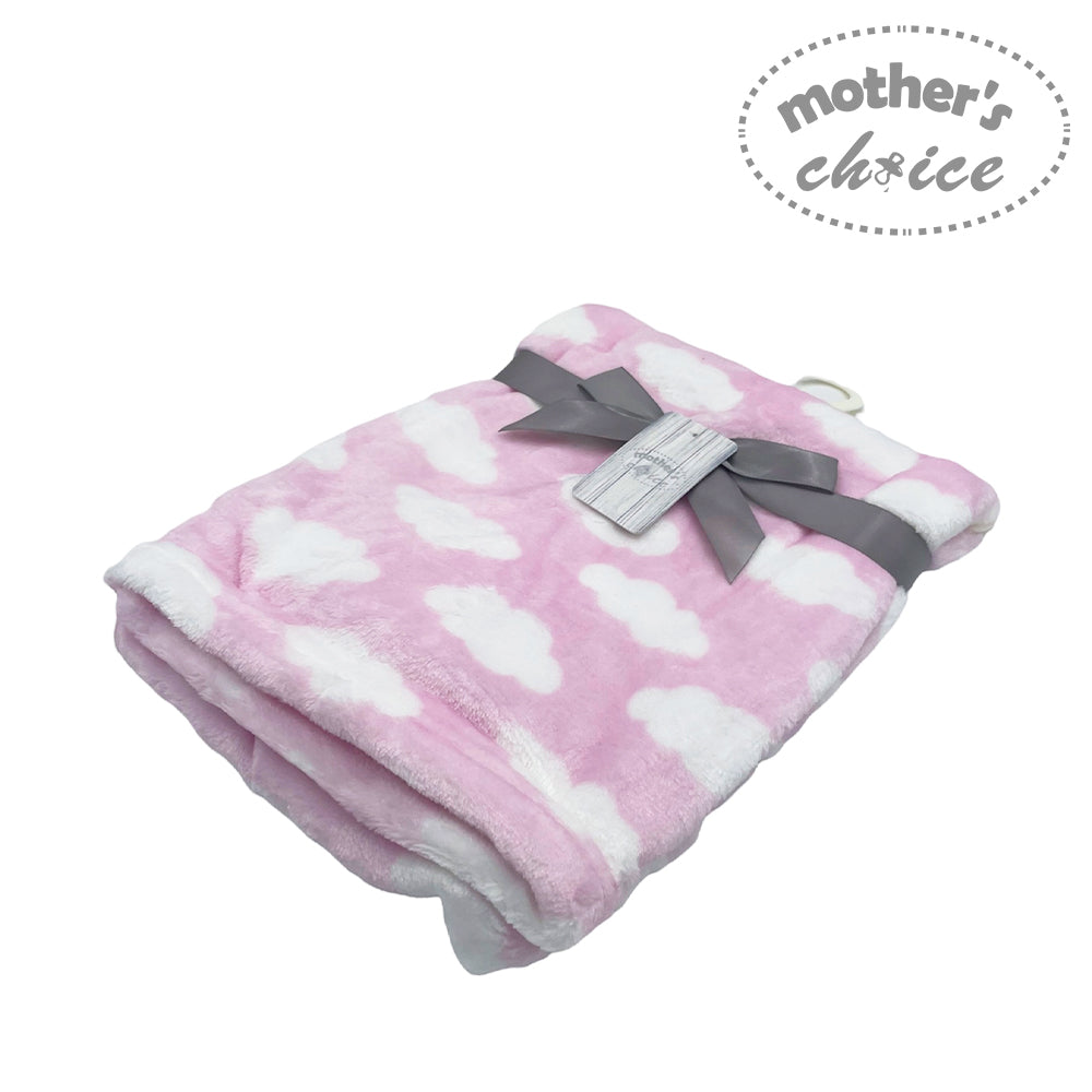 Pink and white cloud-patterned blanket with a gray ribbon and 'Mother's Choice' label on a white background.