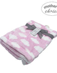 Pink and white cloud-patterned blanket with a gray ribbon and 'Mother's Choice' label on a white background.