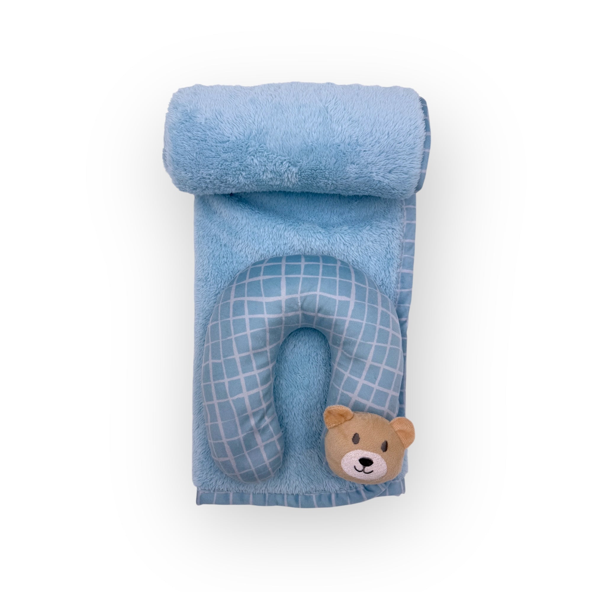 Blue travel pillow with bear face on a white background