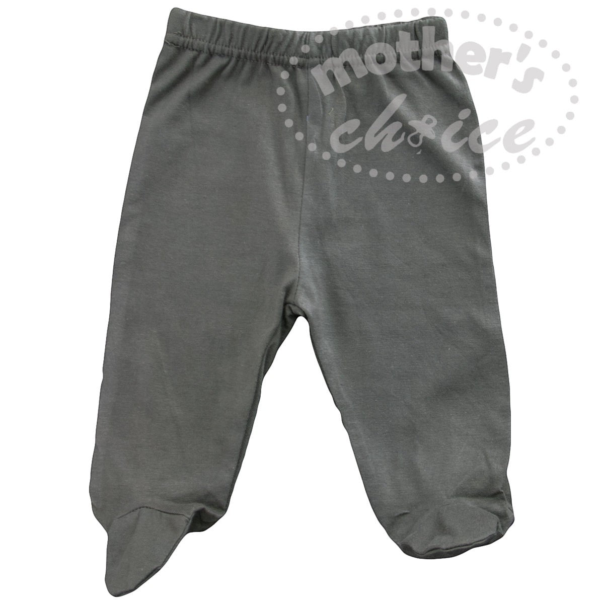 Gray baby pants with footies on a white background, branded 'Mother's Choice'.