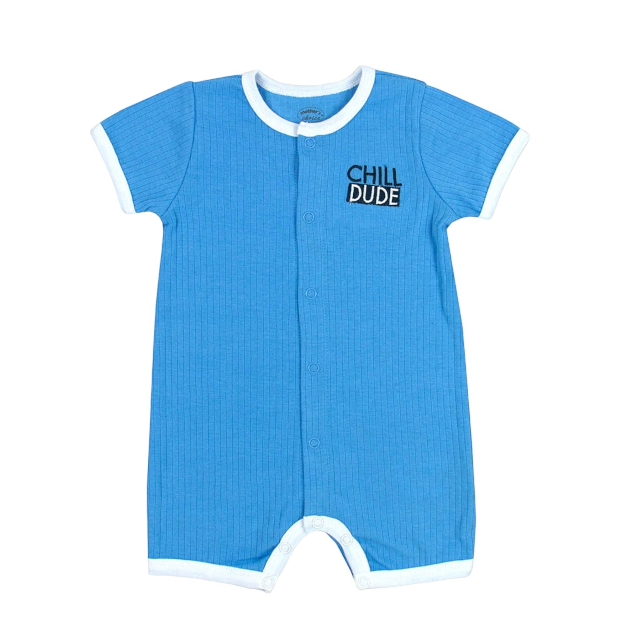 Blue baby romper with 'Chill Dude' text on a white background