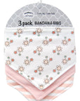 Three pack of bandana bibs with floral and striped patterns on a hanging display.