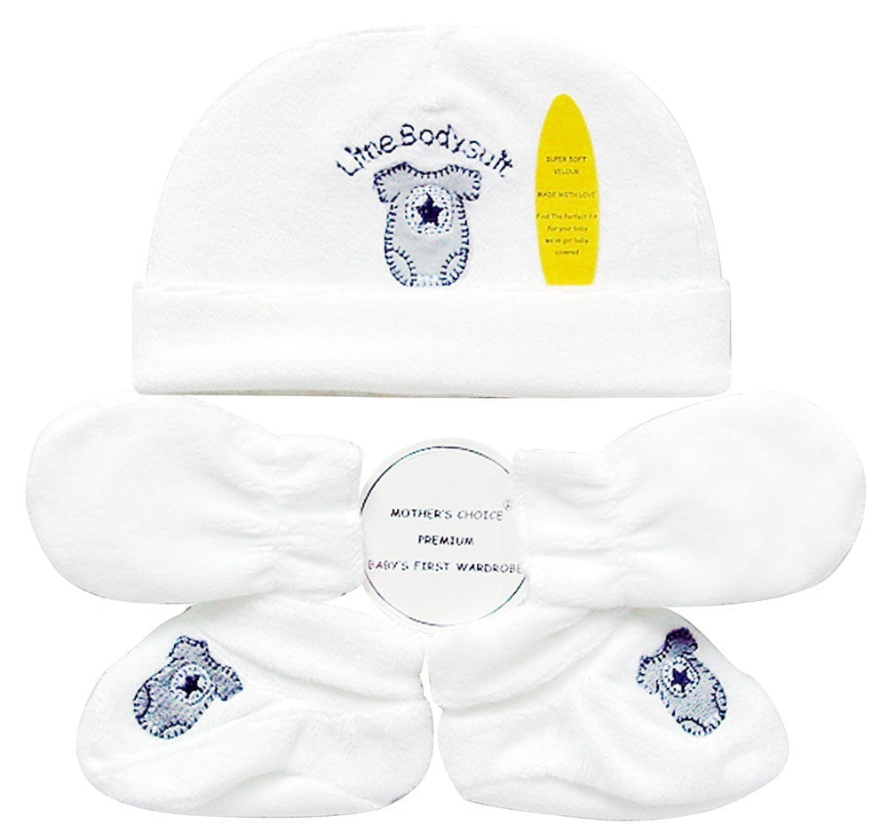 Set of white baby booties with blue paw print design on a white background