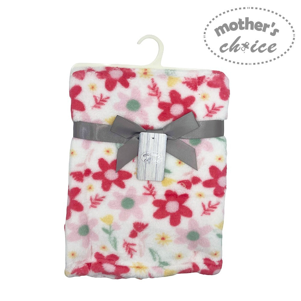 Floral blanket with a gray ribbon and 'Mother's Choice' tag on a white background