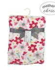 Floral blanket with a gray ribbon and 'Mother's Choice' tag on a white background