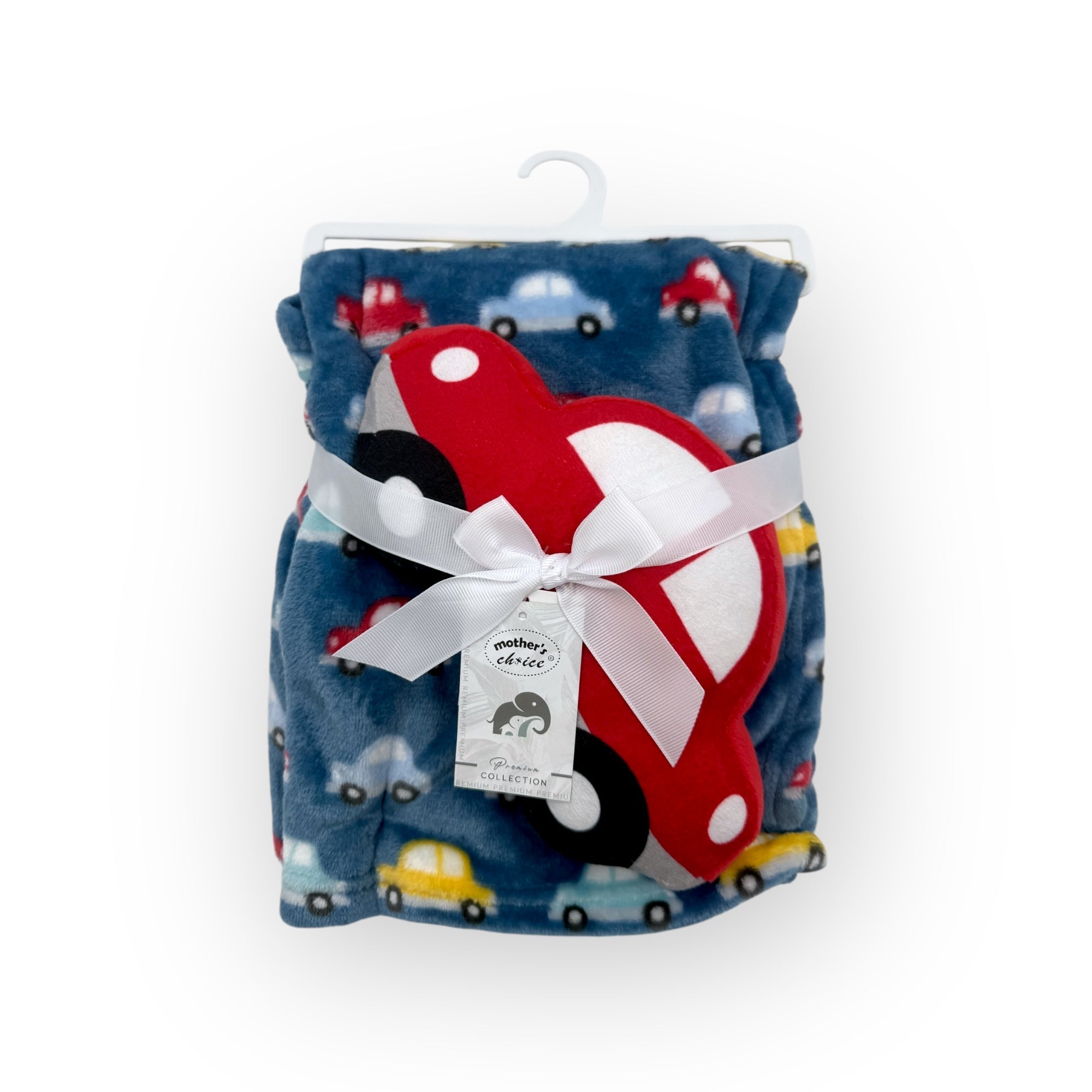Children's blanket with car pattern and red airplane design, tied with a white ribbon on a white background.