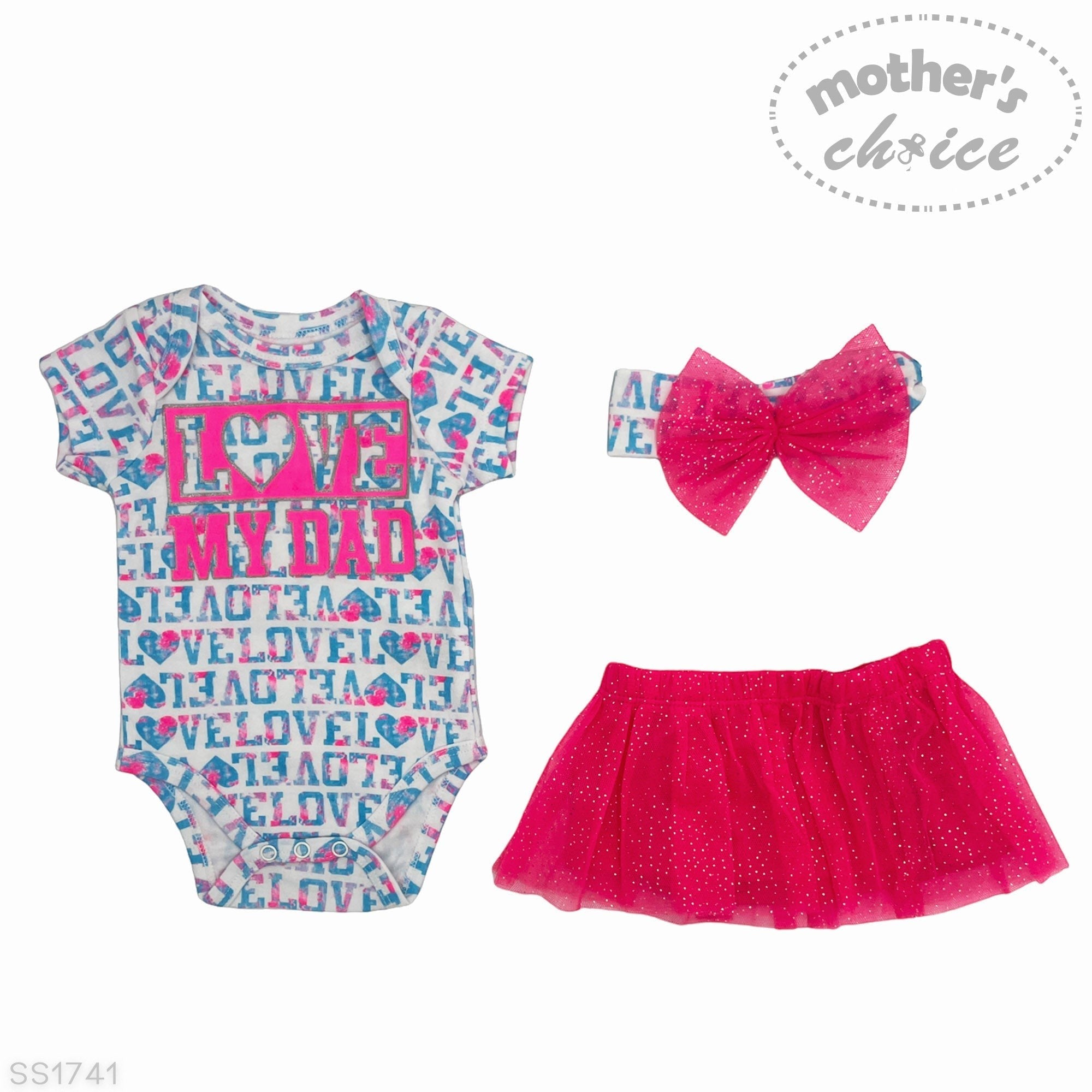 Baby outfit set with onesie, tutu, and headband on a white background