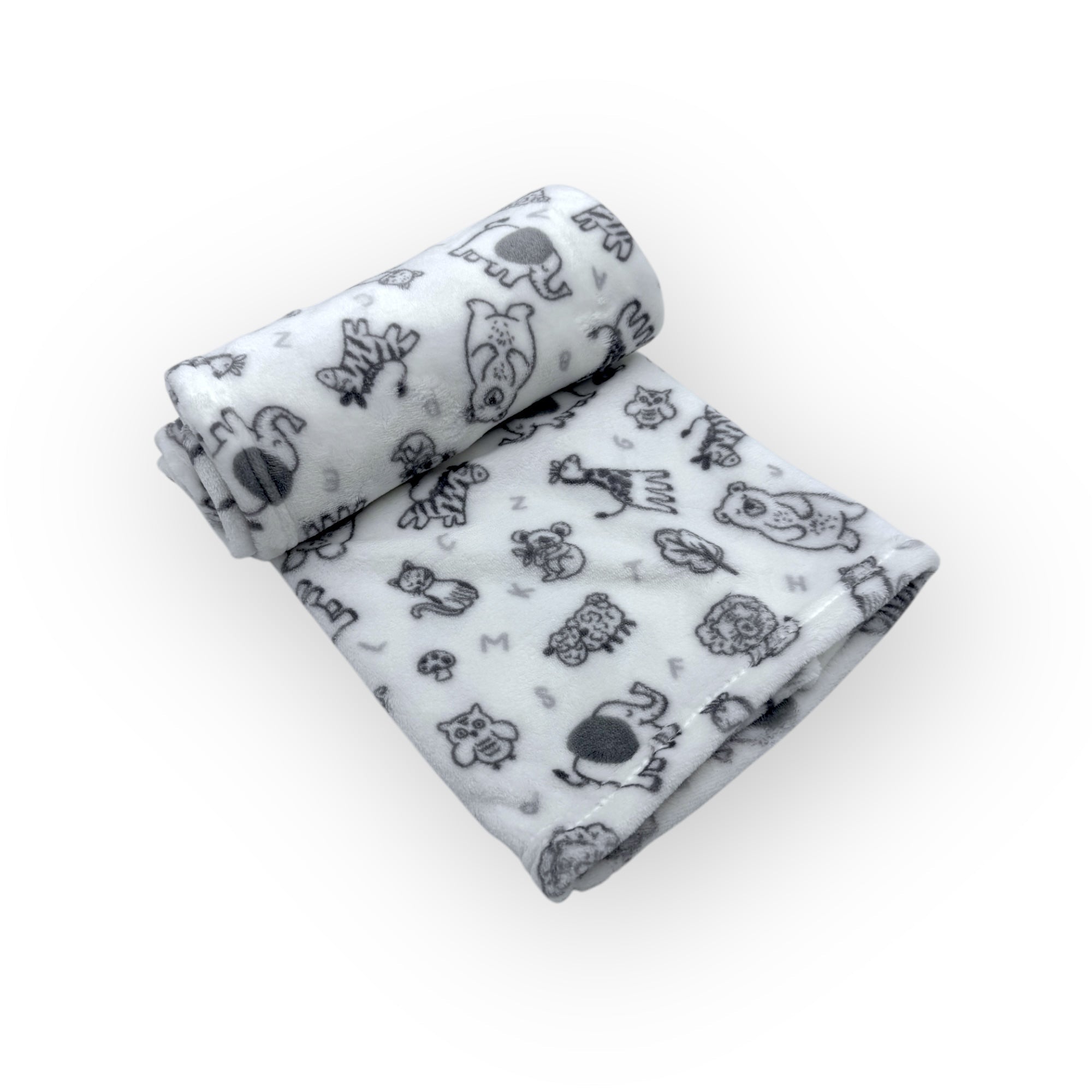 Two rolled-up baby blankets with black animal prints on a white background