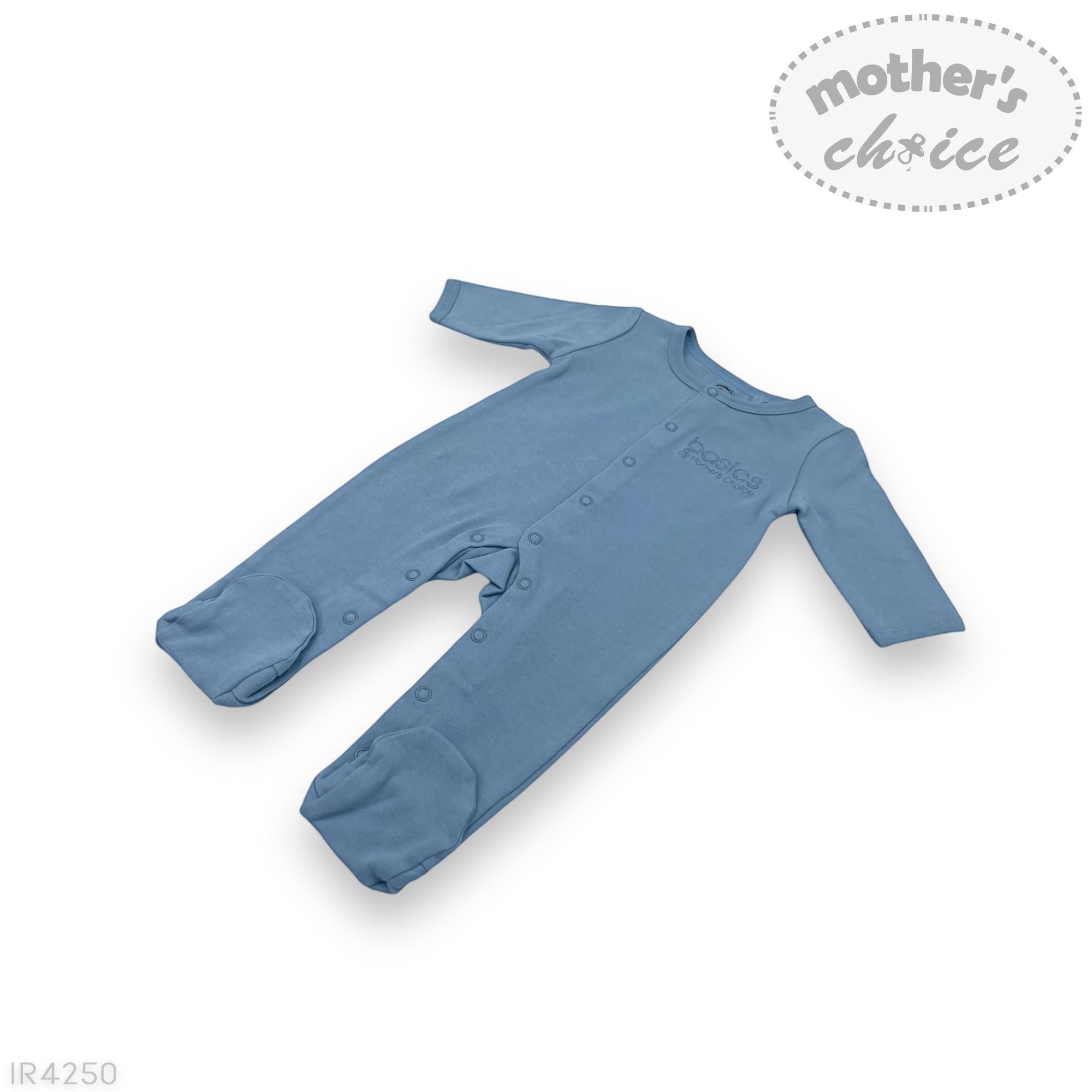 Blue baby onesie with long sleeves on a white background, featuring 'mother's choice' branding.